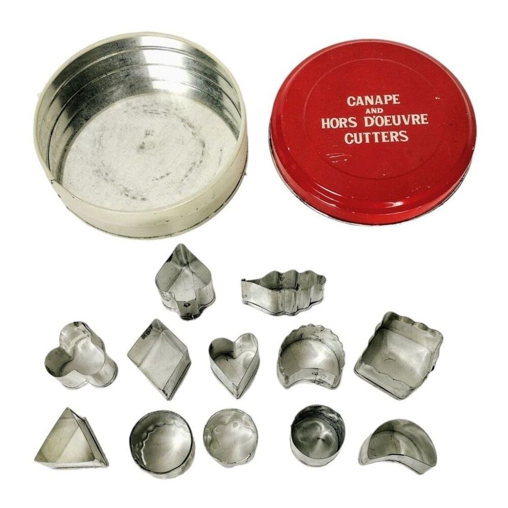 Vintage Farmhouse Canape' And Hors D'oeuvres Metal Cutters in Tin Container NEW